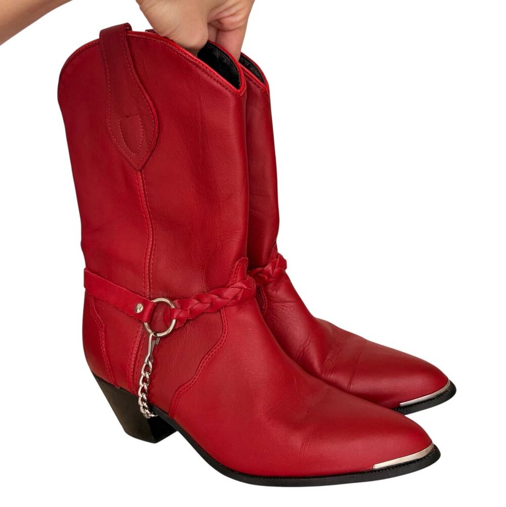 Vintage 90s Santa Fe Boot Co, Red Leather Cowboy Boots Harness Chain festival